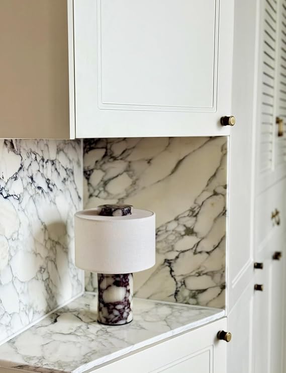 Rechargeable Calacatta Viola Marble Table Lamp with Touch Dimming and Linen Shade