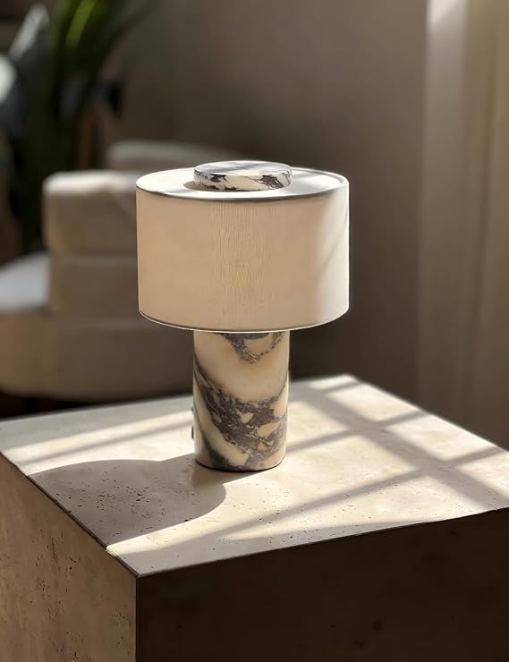 Rechargeable Calacatta Viola Marble Table Lamp with Touch Dimming and Linen Shade