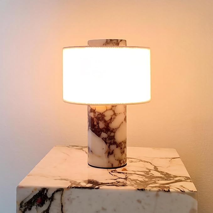 Rechargeable Calacatta Viola Marble Table Lamp with Touch Dimming and Linen Shade