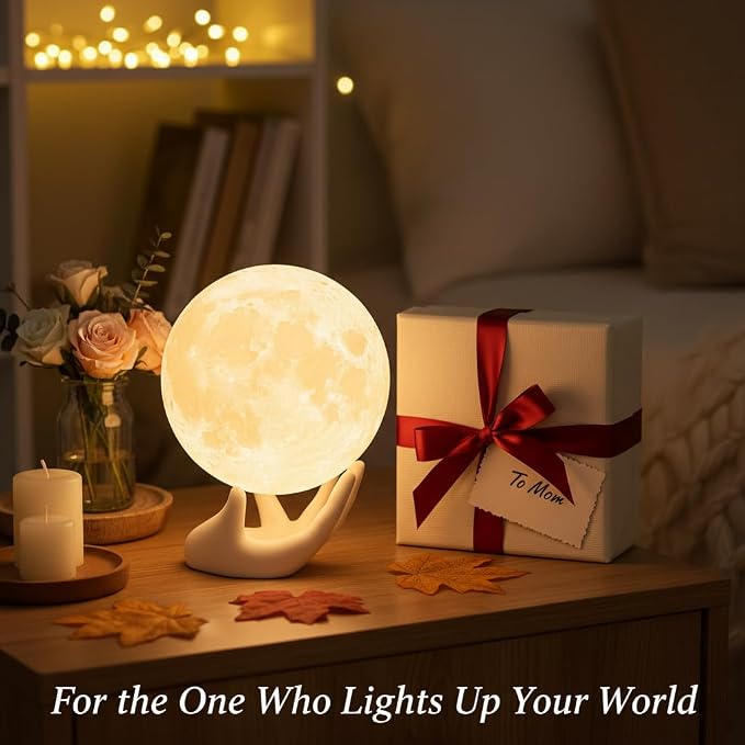 3.5-Inch 3D Moon Night Light with Ceramic Hand Base and Touch Dimming