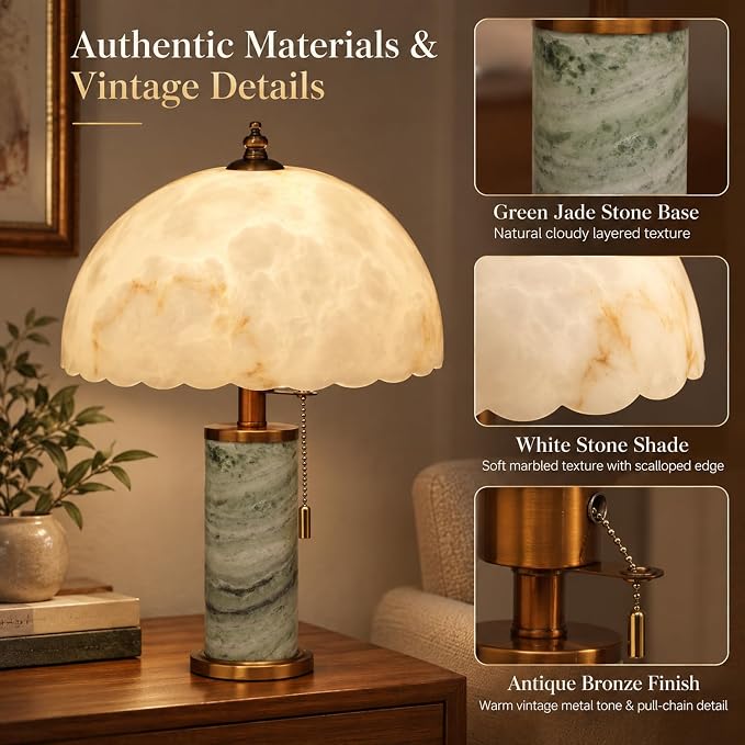 18-Inch Green Marble Table Lamp with Vintage Dome Shade