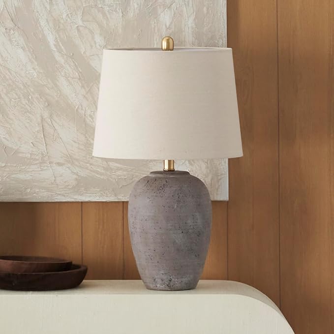 Rustic Grey-Brown Ceramic Table Lamp with Beige Linen Shade for Farmhouse Interiors
