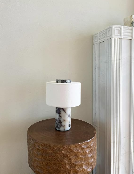 Rechargeable Calacatta Viola Marble Table Lamp with Touch Dimming and Linen Shade