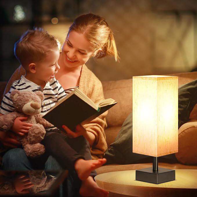 Minimalist Bedside Table Lamp with Cream Fabric Shade and Black Base