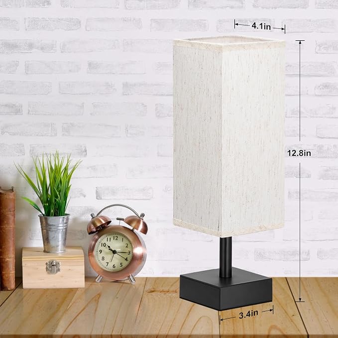 Minimalist Bedside Table Lamp with Cream Fabric Shade and Black Base