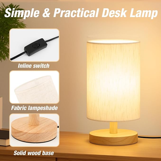 Classic Wooden Base Table Lamp with Flaxen Fabric Shade and Included LED Bulb