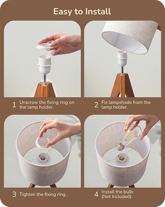 Compact Wooden Tripod Table Lamp with Beige Linen Shade for Bedroom and Living Room
