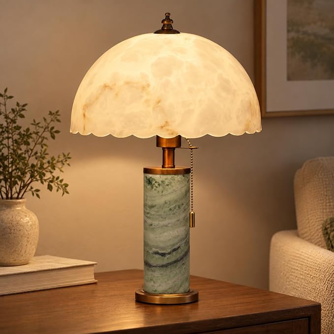 18-Inch Green Marble Table Lamp with Vintage Dome Shade