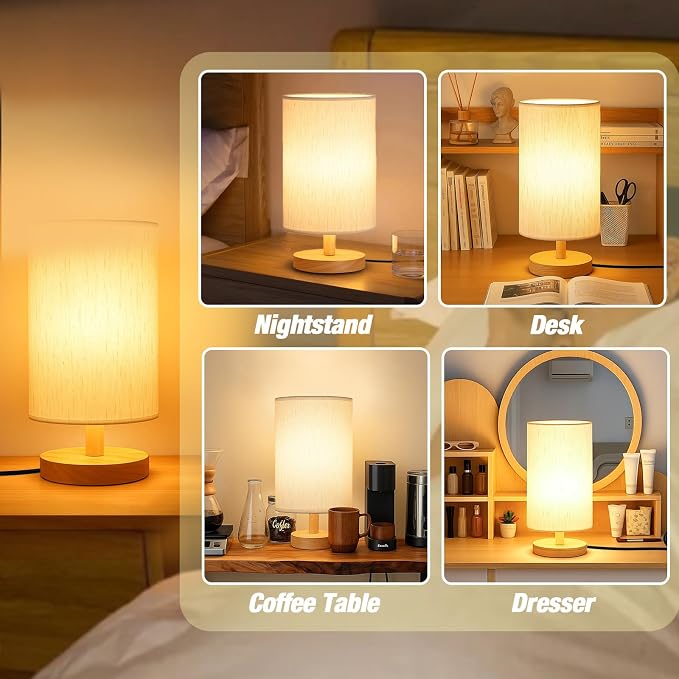 Classic Wooden Base Table Lamp with Flaxen Fabric Shade and Included LED Bulb