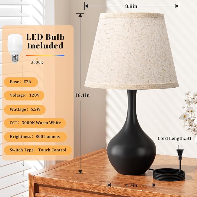 16.1-Inch Touch Control Table Lamp with 3-Level Dimming and LED Bulb