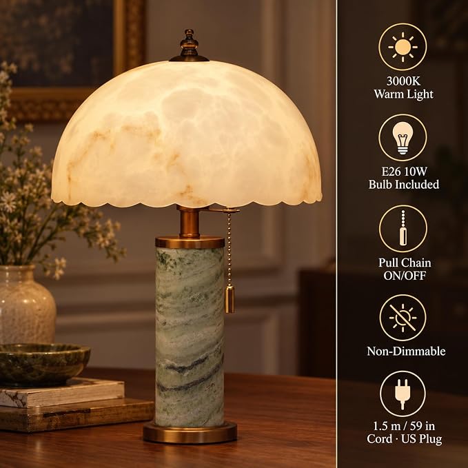 18-Inch Green Marble Table Lamp with Vintage Dome Shade