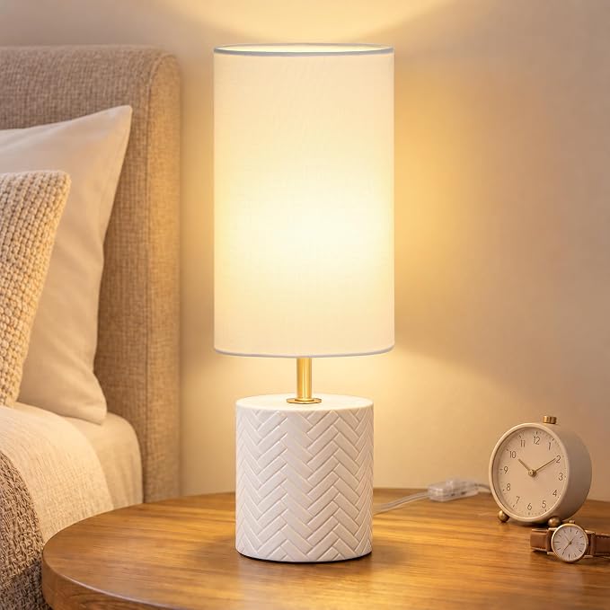 Elegant Ceramic Bedside Table Lamp with Natural Linen Shade