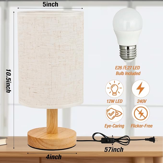 Classic Wooden Base Table Lamp with Flaxen Fabric Shade and Included LED Bulb