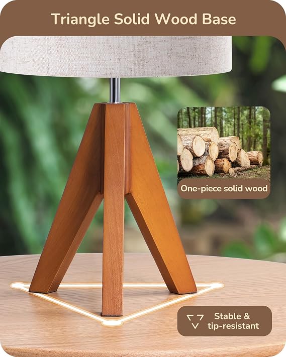 Compact Wooden Tripod Table Lamp with Beige Linen Shade for Bedroom and Living Room