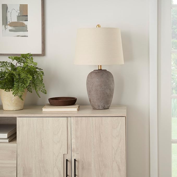 Rustic Grey-Brown Ceramic Table Lamp with Beige Linen Shade for Farmhouse Interiors