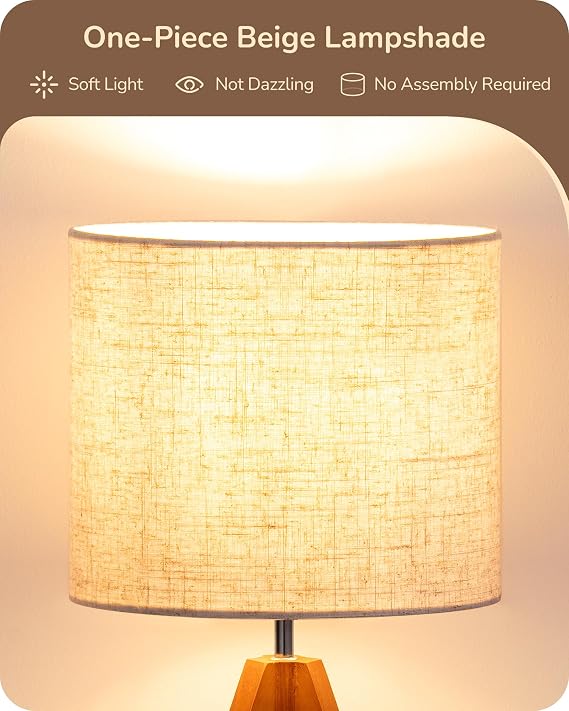 Compact Wooden Tripod Table Lamp with Beige Linen Shade for Bedroom and Living Room