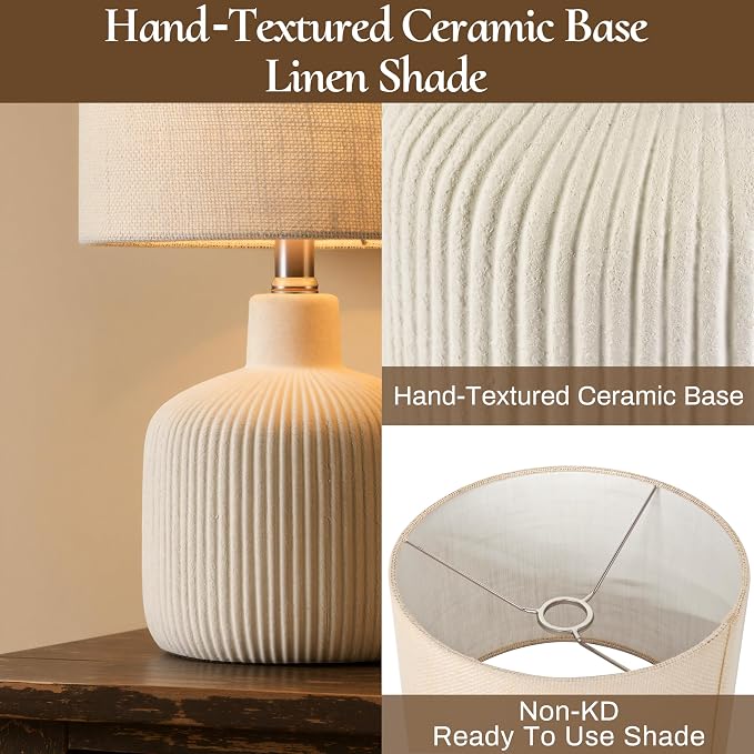 17.75-Inch Off-White Ceramic Table Lamp with Beige Linen Shade