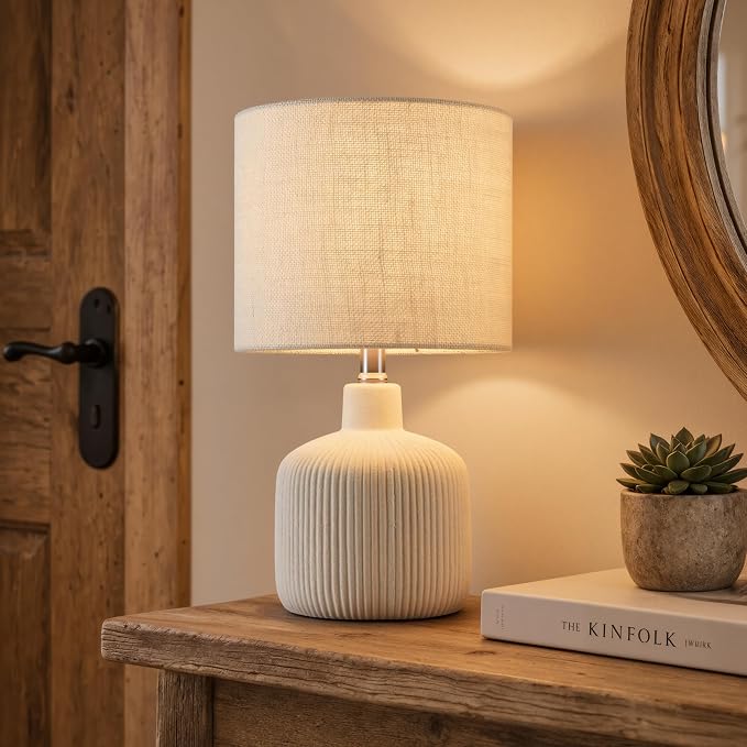 17.75-Inch Off-White Ceramic Table Lamp with Beige Linen Shade