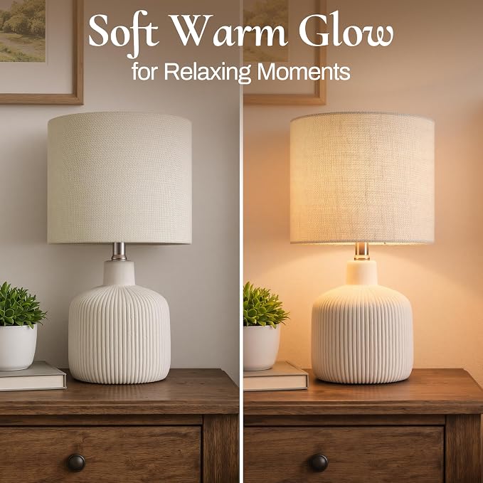 17.75-Inch Off-White Ceramic Table Lamp with Beige Linen Shade