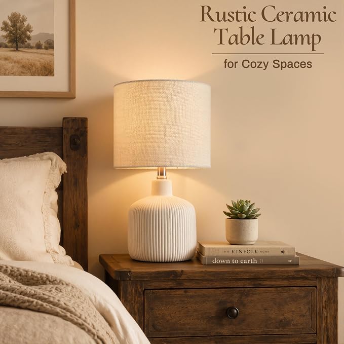 17.75-Inch Off-White Ceramic Table Lamp with Beige Linen Shade