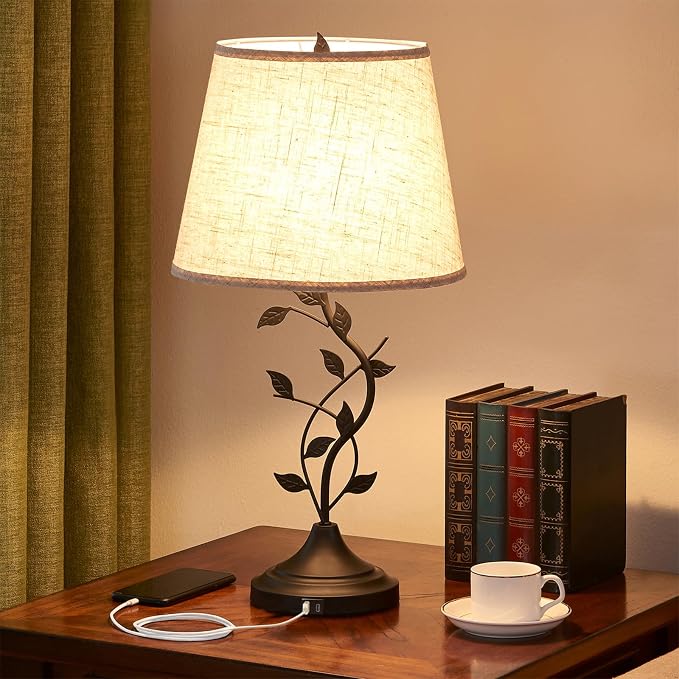 24.4-Inch Rustic Tree Branch Table Lamp with USB-A and USB-C Charging Ports