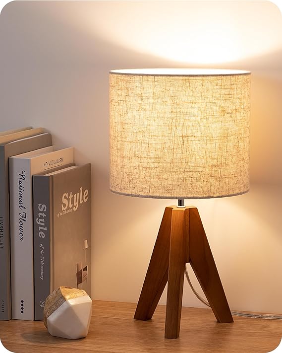 Compact Wooden Tripod Table Lamp with Beige Linen Shade for Bedroom and Living Room
