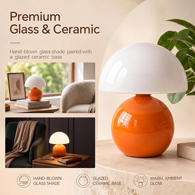 Orange Mushroom Glass Table Lamp with Stepless Dimming