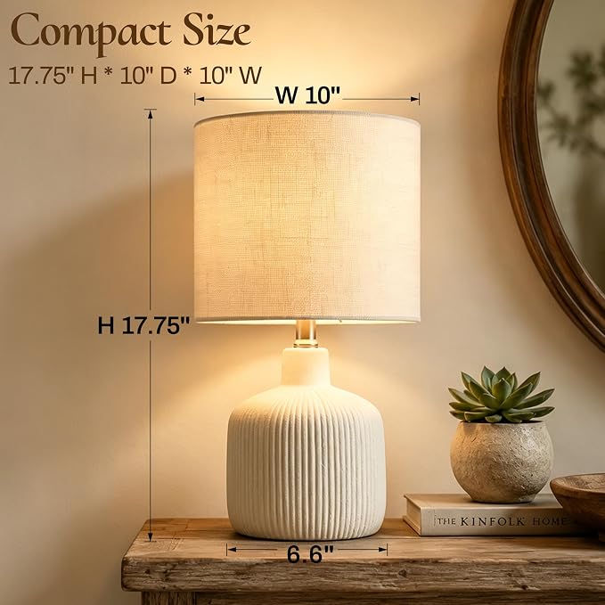 17.75-Inch Off-White Ceramic Table Lamp with Beige Linen Shade