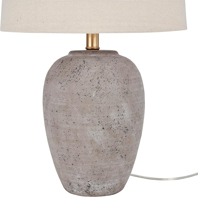 Rustic Grey-Brown Ceramic Table Lamp with Beige Linen Shade for Farmhouse Interiors