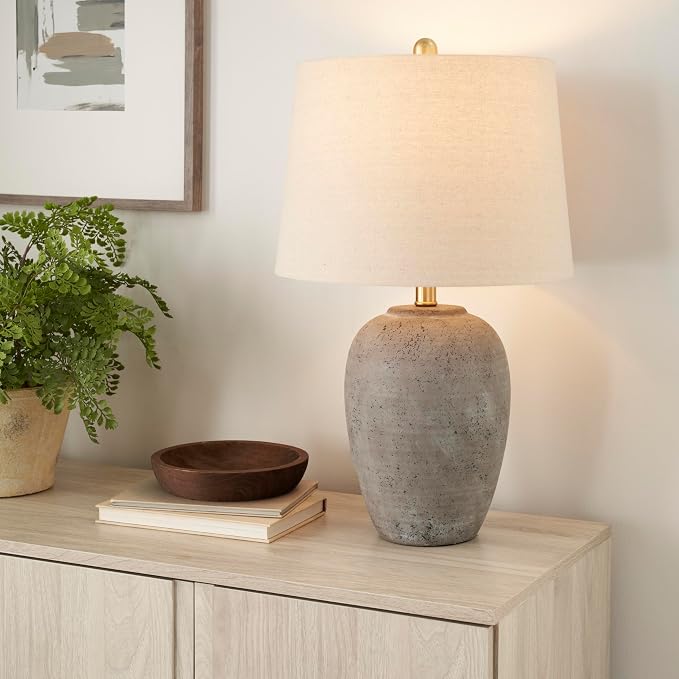Rustic Grey-Brown Ceramic Table Lamp with Beige Linen Shade for Farmhouse Interiors
